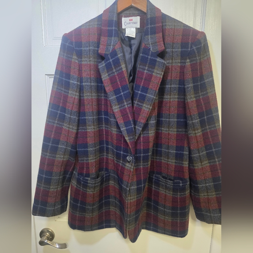 Vintage Courtenay Wool Blend Single Button Closure Plaid Blazer Jacket- Size 10
